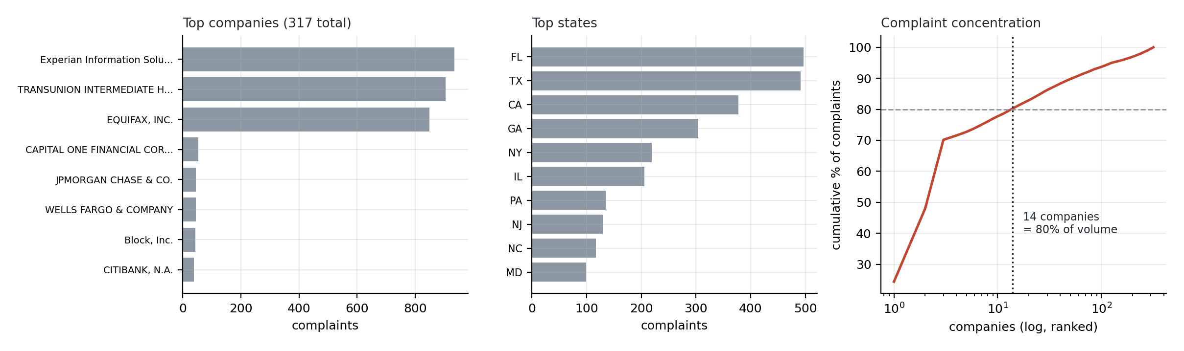 Complaint concentration — three credit bureaus account for 70.2% of the file, and ~20 companies for 80% of volume.