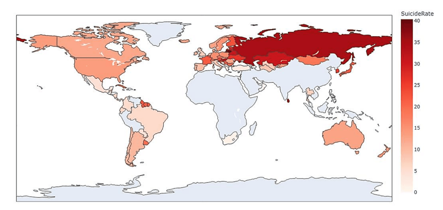 *Figure 10. Global suicide rate per 100K population, highlighting the most-affected countries.*