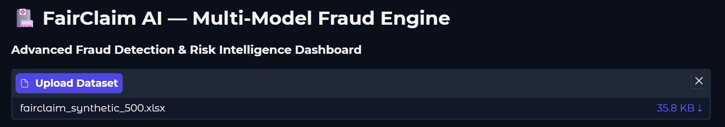 FairClaim AI — Multi-Model Fraud Engine: Upload Dataset screen.